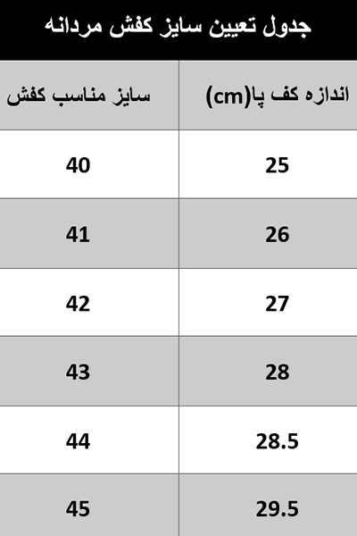 جدول سایز کفش مردانه _ تعیین سایز کفش